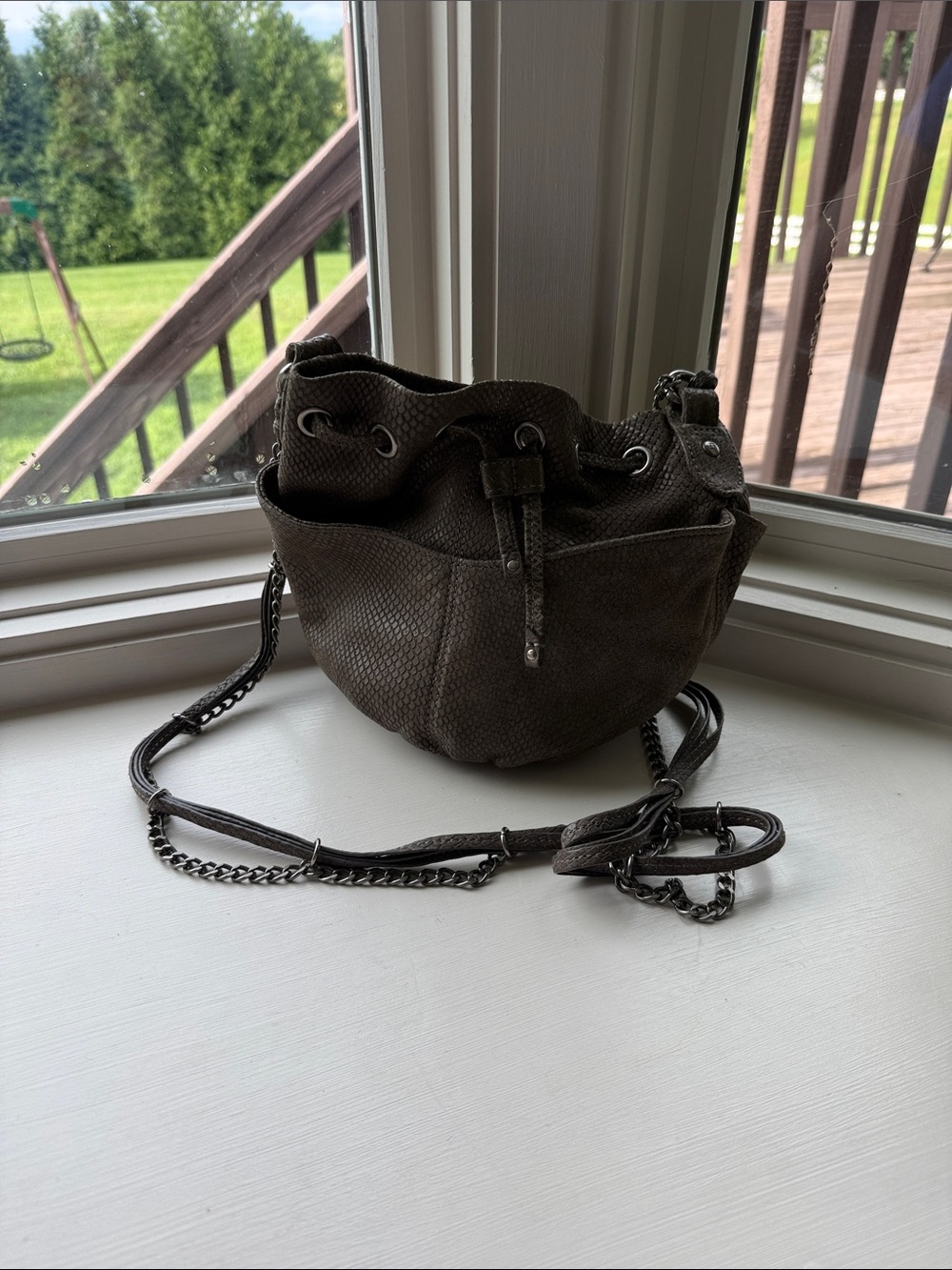 Olivia Harris Dark Brown Textured Drawstring Crossbody Bag